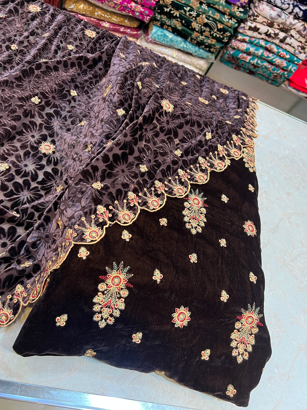 Espresso Chocolate Embroidered Velvet 3 Piece Unstitched Suit