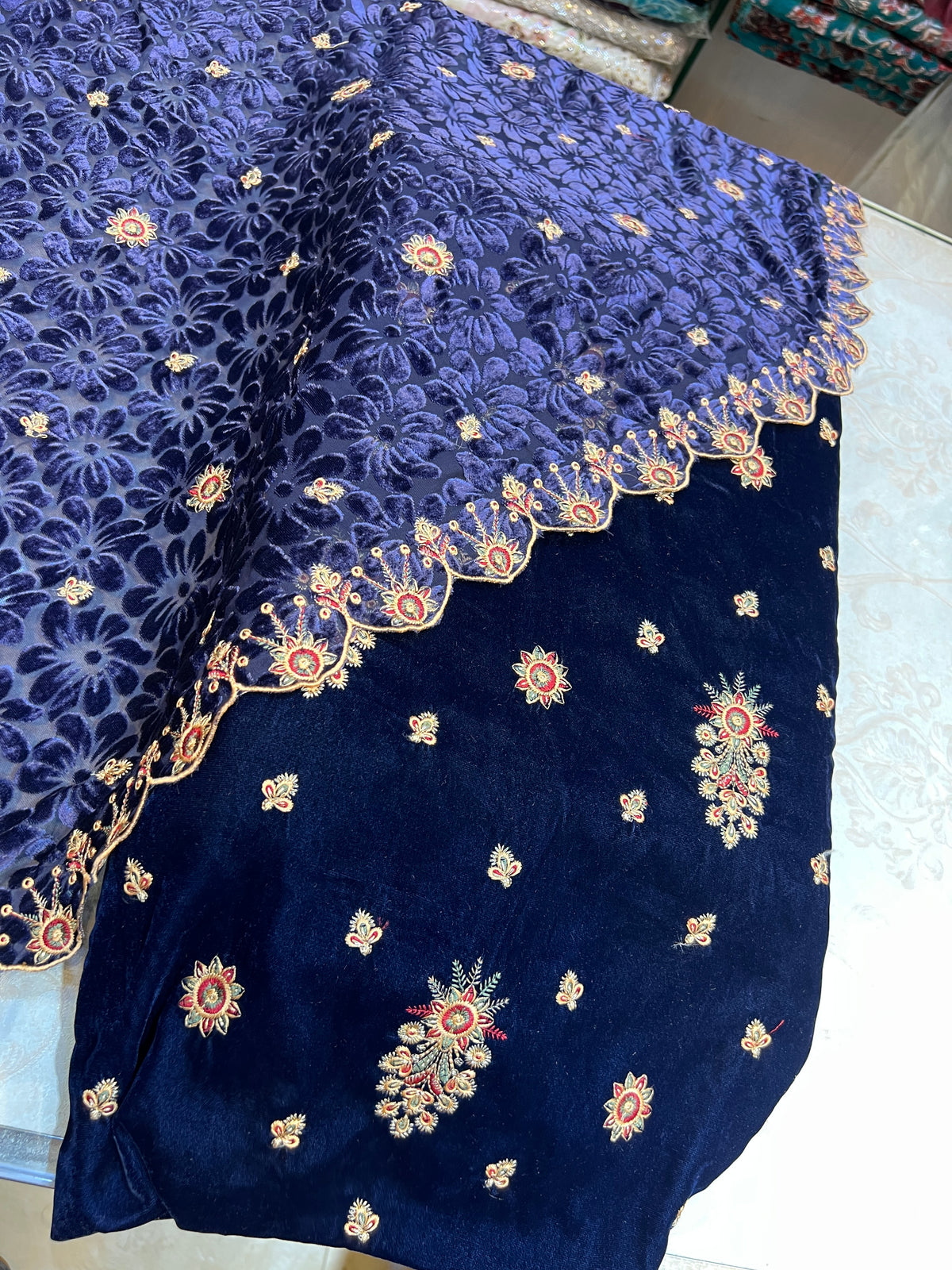 Deep Navy Embroidered Velvet 3 Piece Unstitched Suit