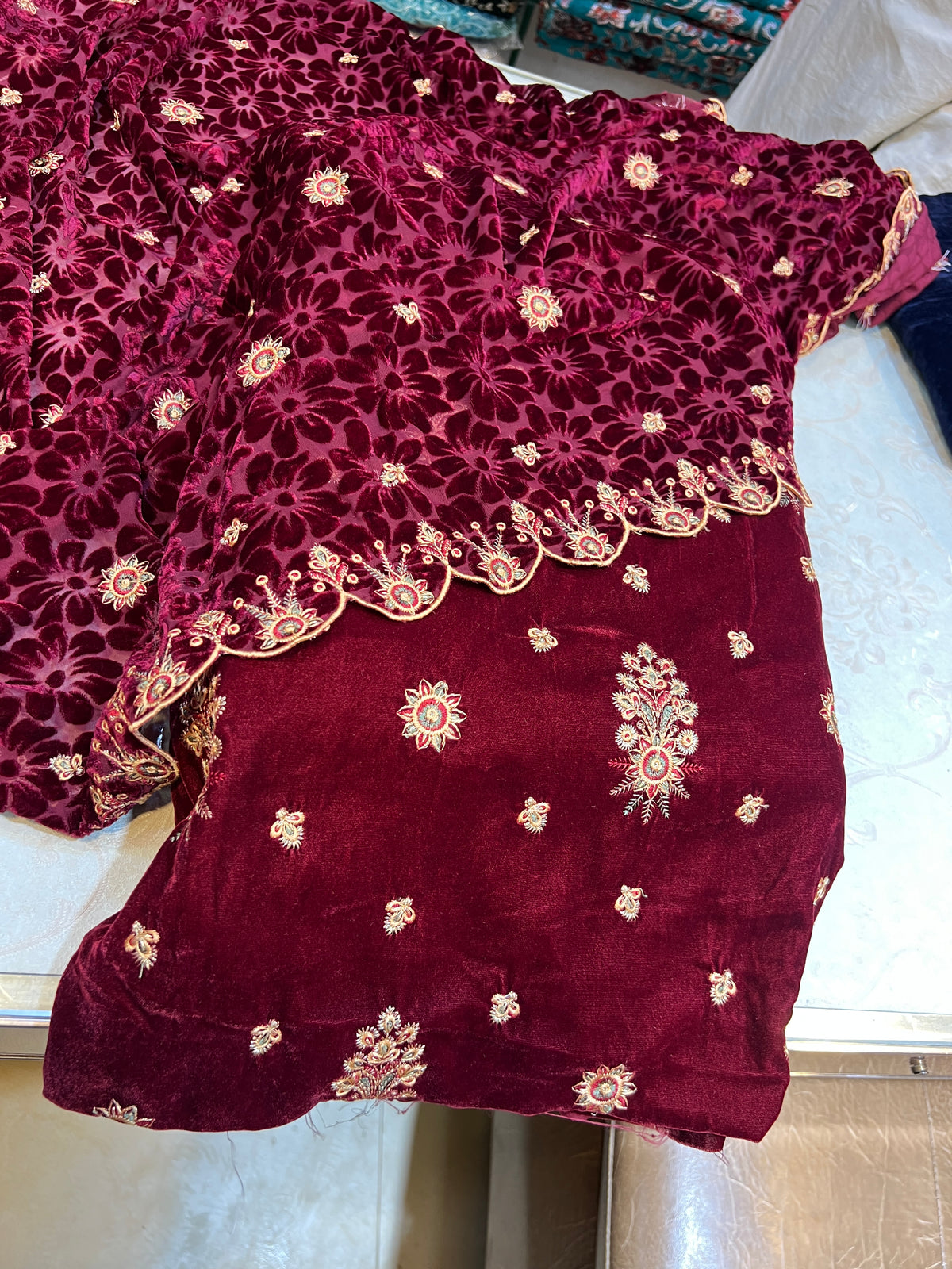Deep Maroon Embroidered Velvet 3 Piece Unstitched Suit
