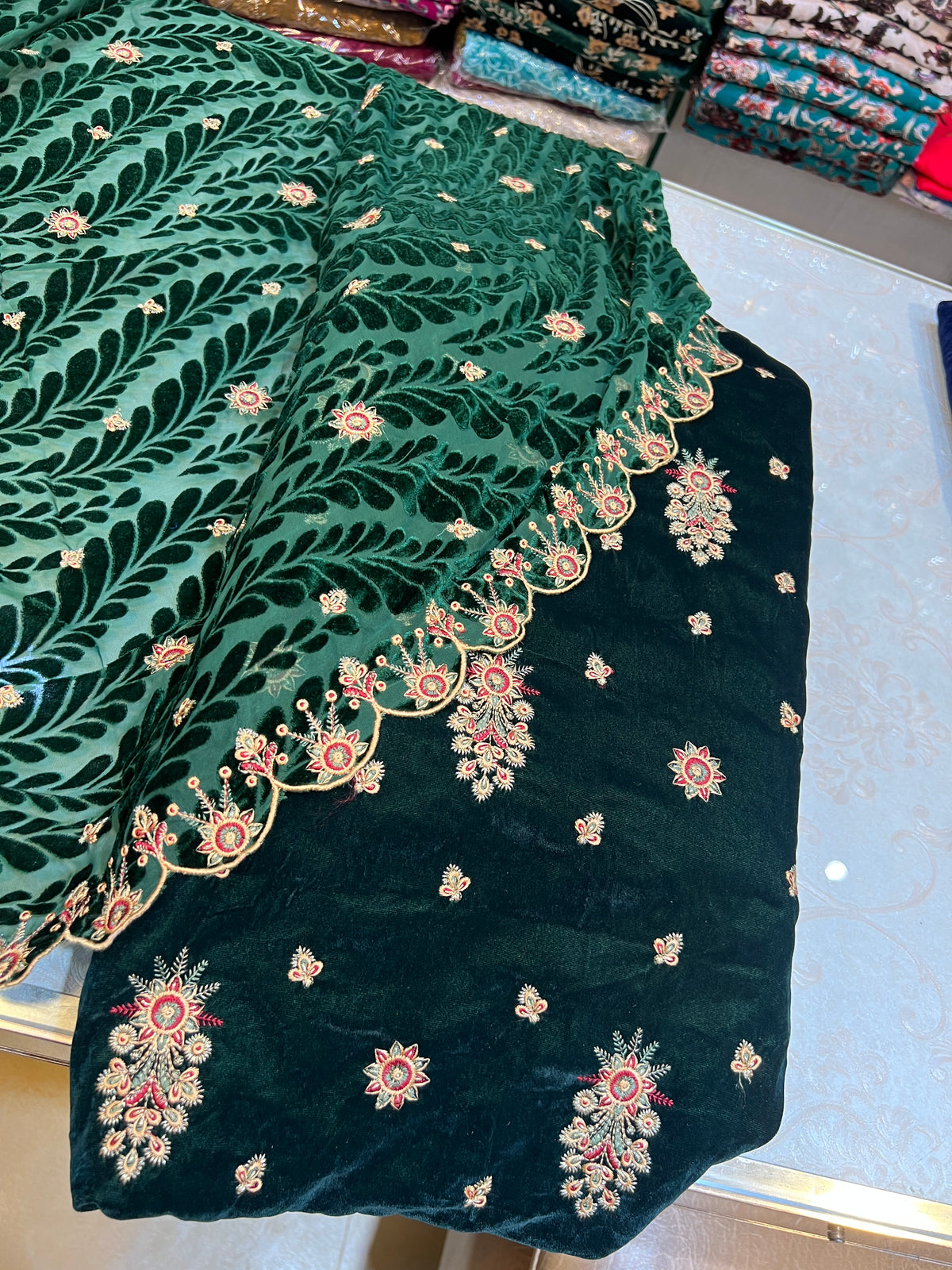 Deep Emerald Green Embroidered Velvet 3 Piece Unstitched Suit