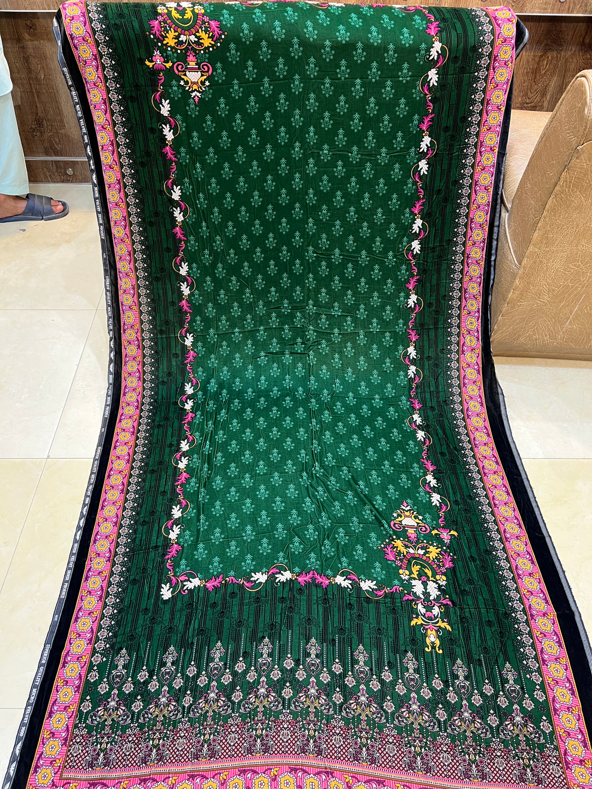3-Piece Unstitched Micro Phoenix Print Velvet Suit – Deep Emerald Green