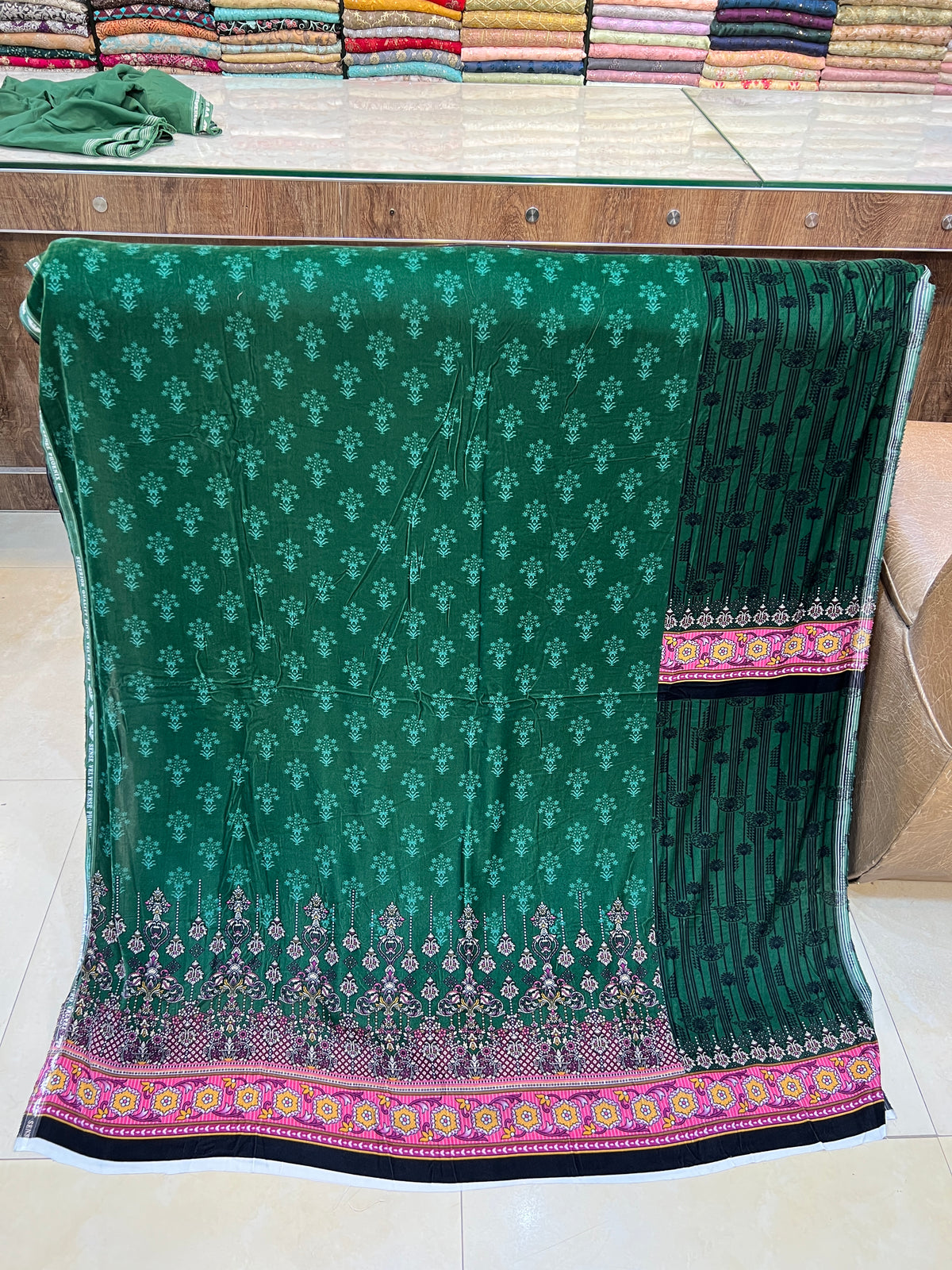 3-Piece Unstitched Micro Phoenix Print Velvet Suit – Deep Emerald Green