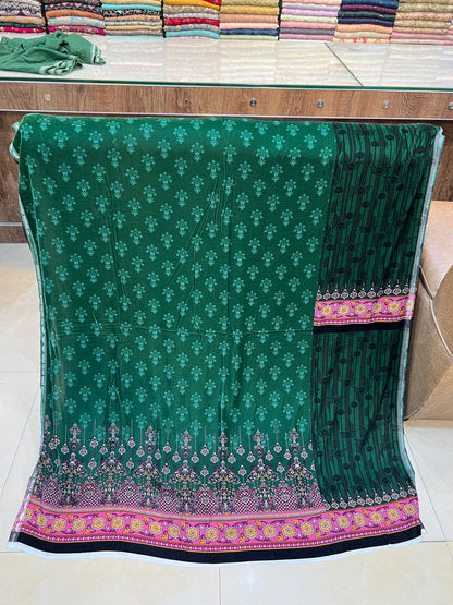 3-Piece Unstitched Micro Phoenix Print Velvet Suit – Deep Emerald Green