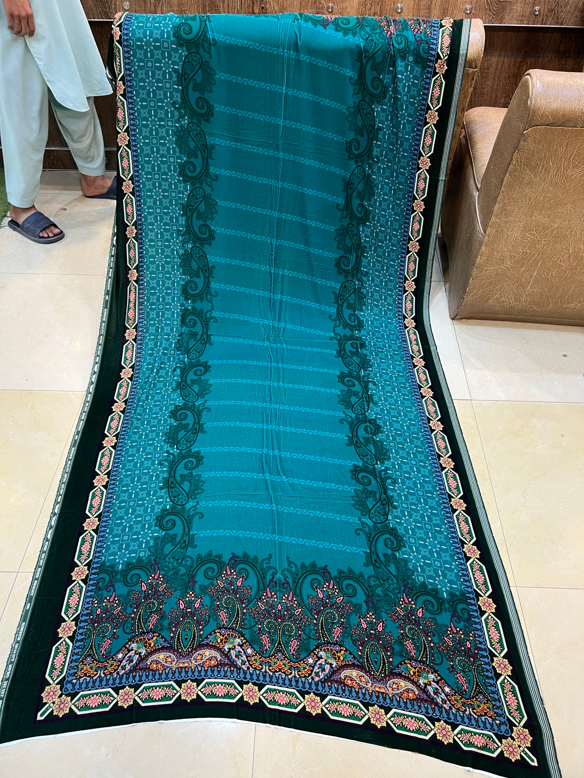 Premium Deep Teal Unstitched Micro Phoenix Print Velvet Suit - 3 Piece (Winter Edition)