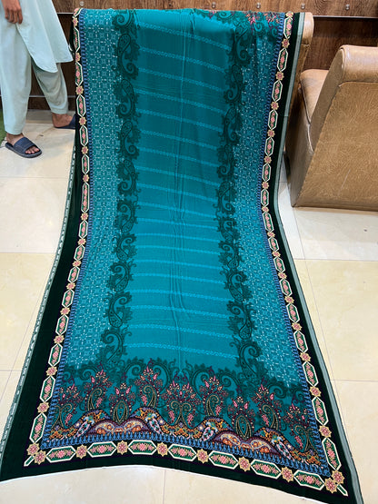 Premium Deep Teal Unstitched Micro Phoenix Print Velvet Suit - 3 Piece (Winter Edition)