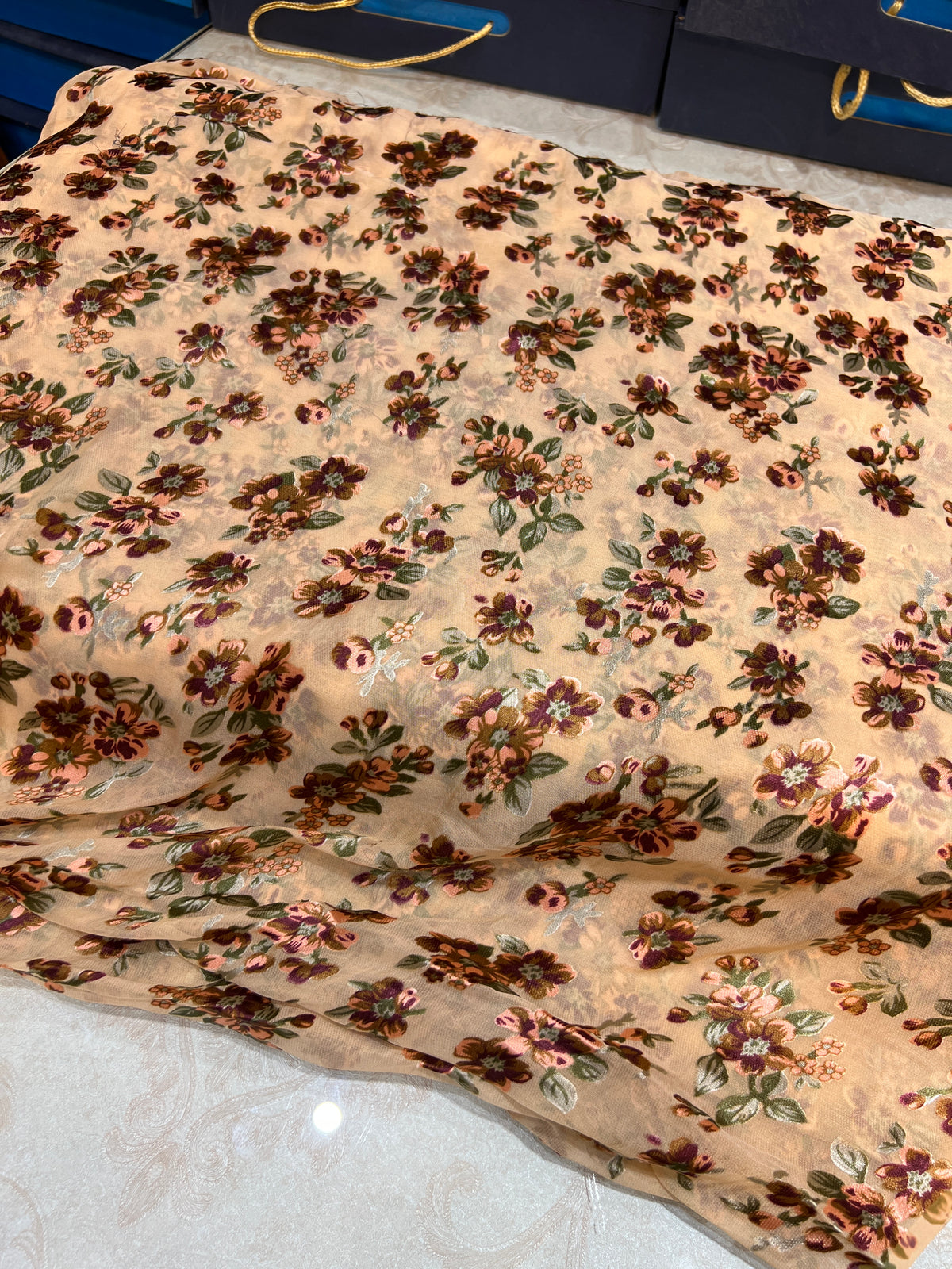 Peach Floral Barosha Silk 3-Piece Unstitched Suit | Sale