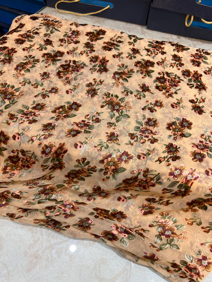 Peach Floral Barosha Silk 3-Piece Unstitched Suit | Sale