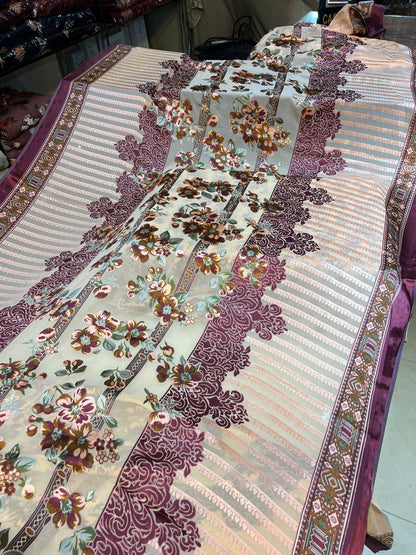 Peach Floral Barosha Silk 3-Piece Unstitched Suit | Sale