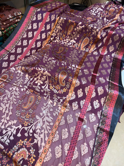 Deep Plum Barosha Silk 3-Piece Unstitched Suit | Sale