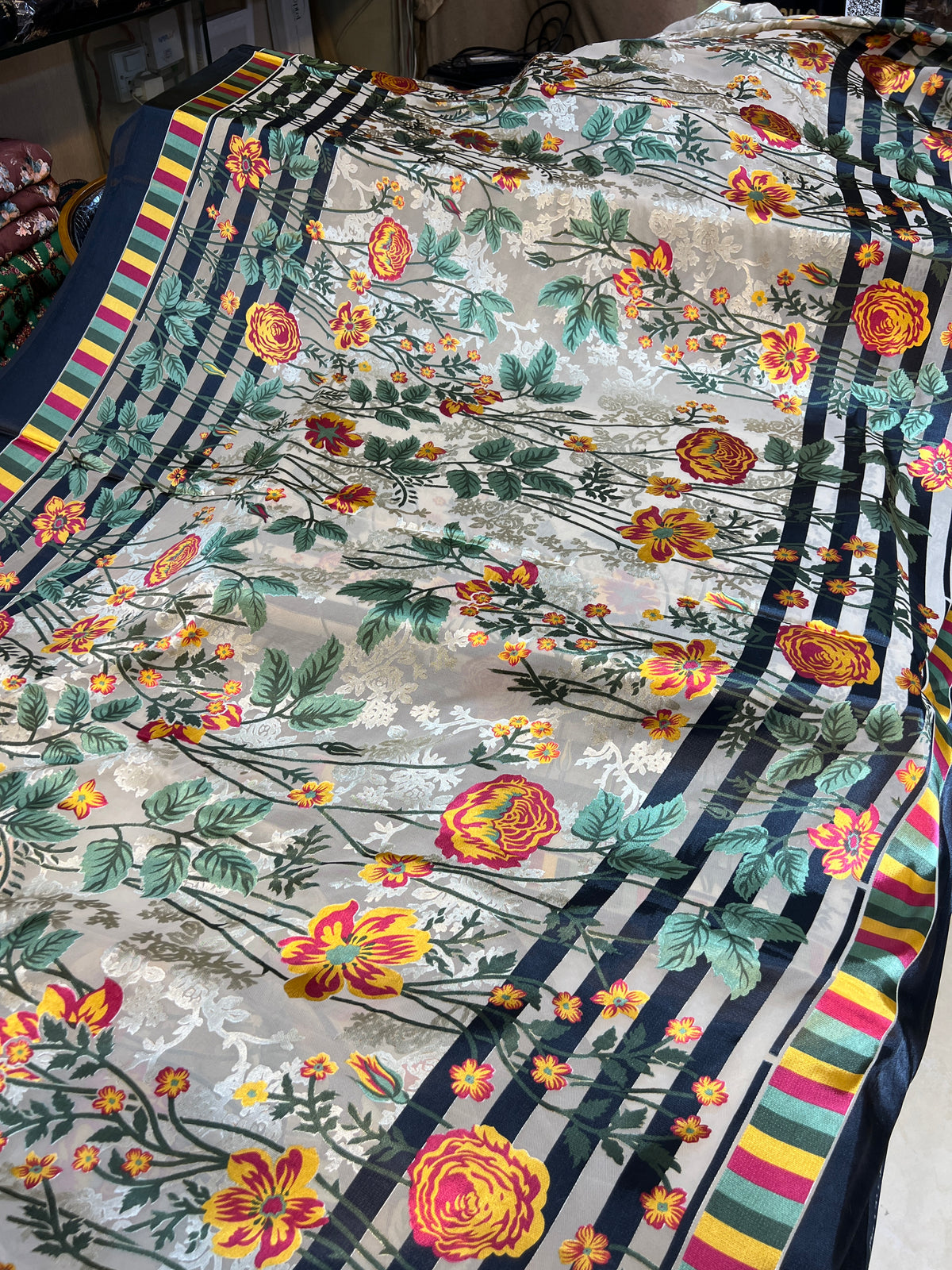 Off-White Floral Barosha Silk 3-Piece Unstitched Suit | Sale