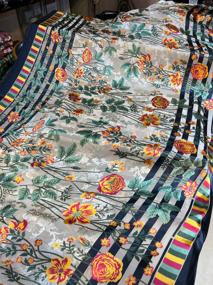 Off-White Floral Barosha Silk 3-Piece Unstitched Suit | Sale