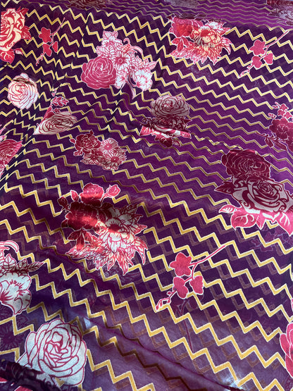 Purple Chevron Floral Barosha Silk 3-Piece Unstitched Suit | Sale