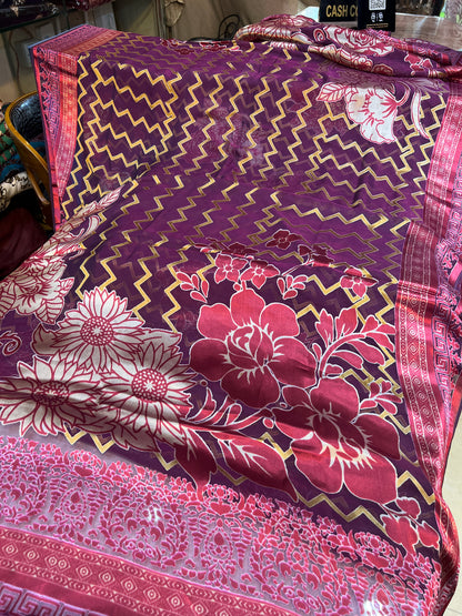 Purple Chevron Floral Barosha Silk 3-Piece Unstitched Suit | Sale