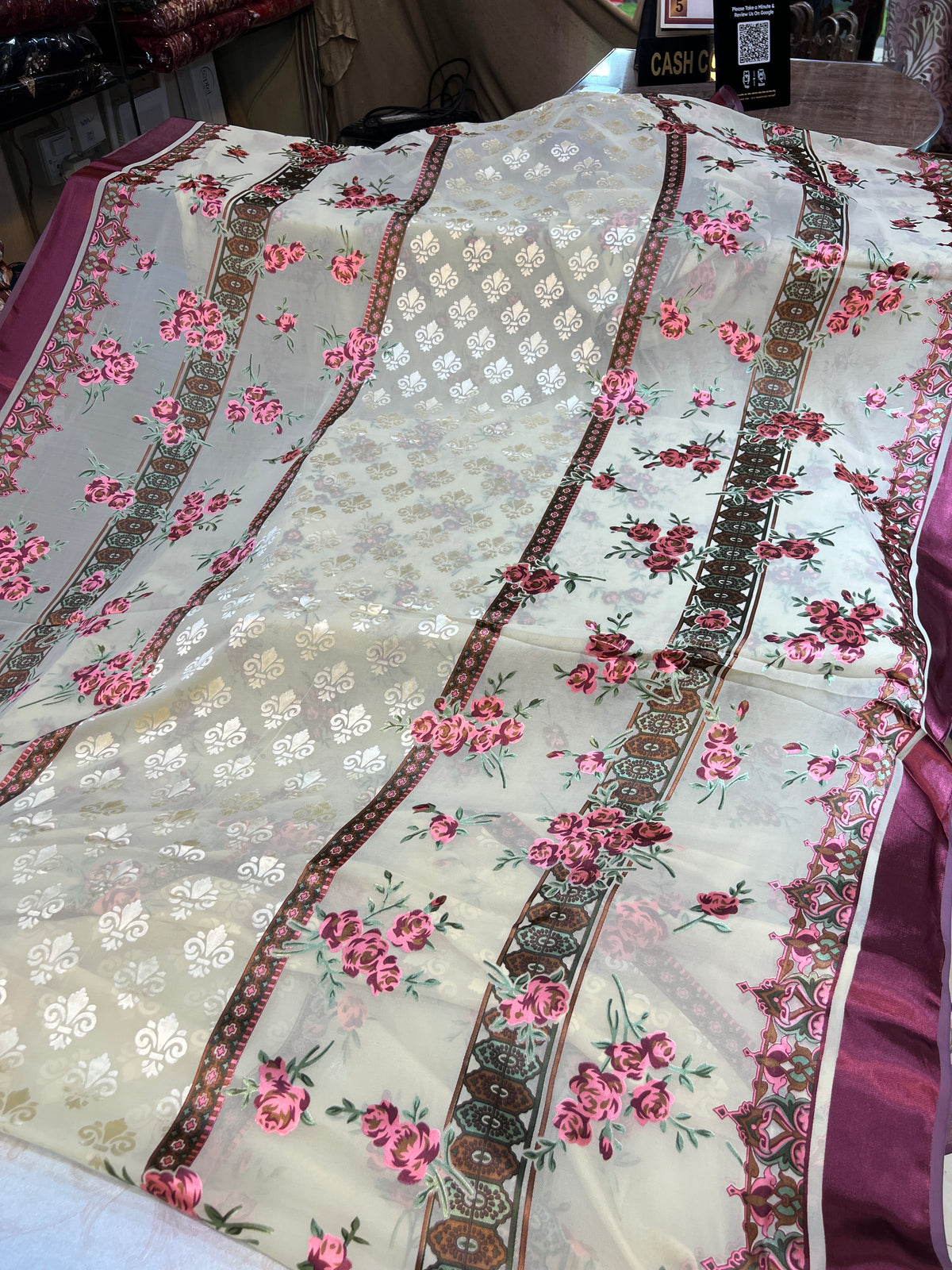 Off-White & Maroon Floral Barosha Silk 3-Piece Unstitched Suit