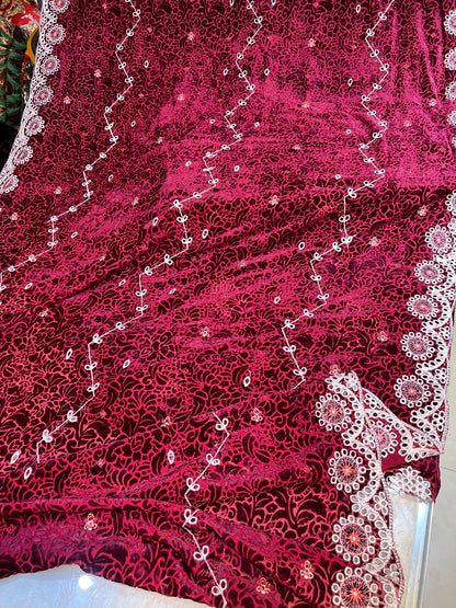 Burgundy Magenta Embroidered 3 Piece Unstitched Suit | Luxury Formal Wear