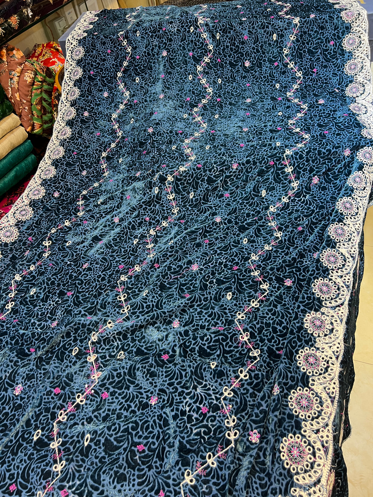 Deep Slate-Teal Embroidered 3 Piece Unstitched Suit | Luxury Formal Wear