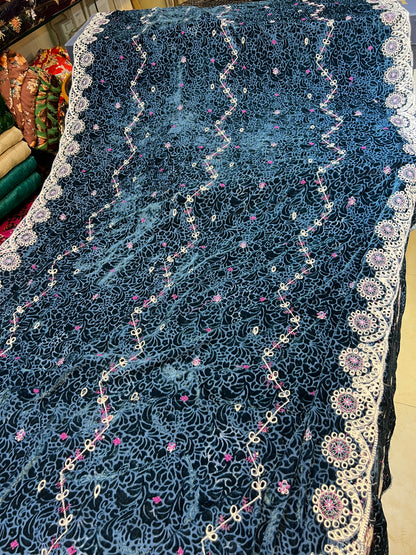 Deep Slate-Teal Embroidered 3 Piece Unstitched Suit | Luxury Formal Wear
