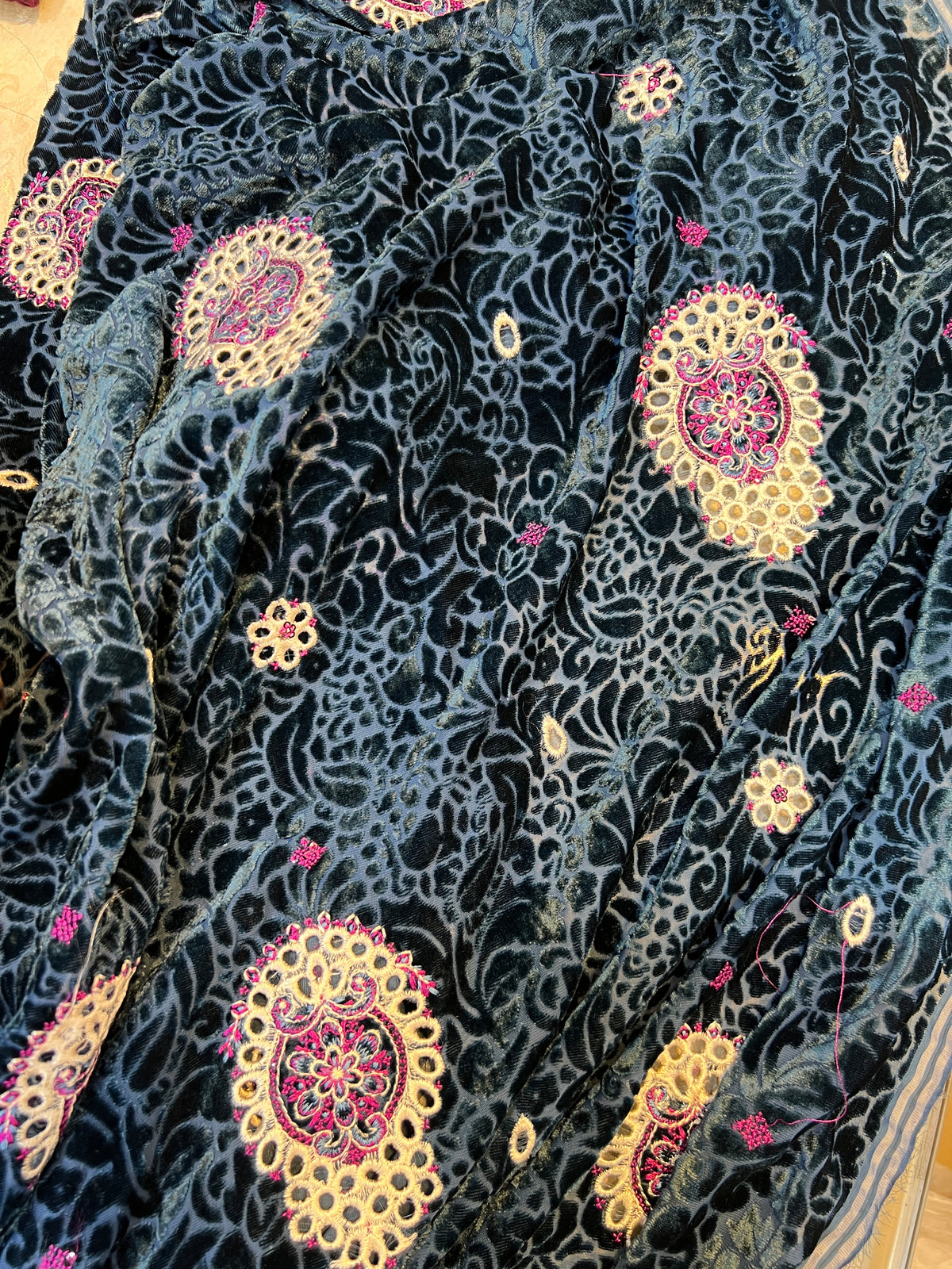 Deep Slate-Teal Embroidered 3 Piece Unstitched Suit | Luxury Formal Wear