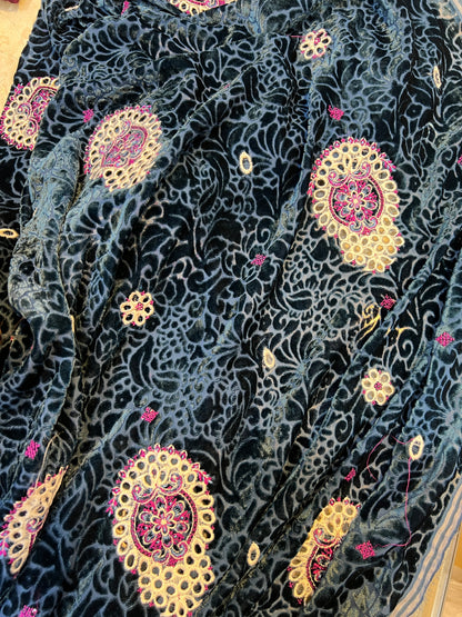 Deep Slate-Teal Embroidered 3 Piece Unstitched Suit | Luxury Formal Wear