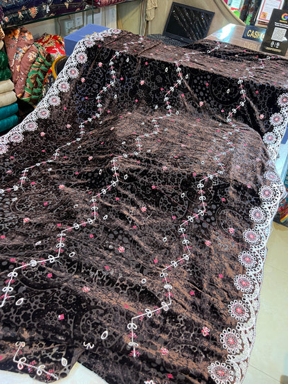 Premium Chocolate Brown Embroidered Luxury 3-Piece Unstitched Suit | Formal Wear