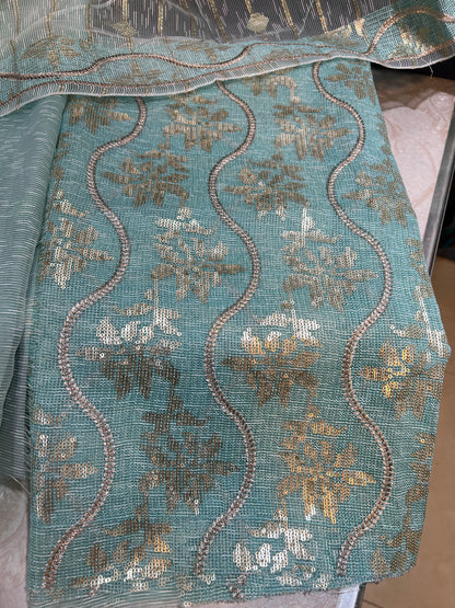 3-Piece Unstitched Zari Masuri Cotton Net Suit with Silk Trouser