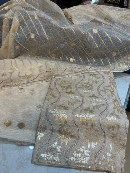 Luxury Unstitched 3-Piece Zari Masuri Suit | Plain Silk Bottom