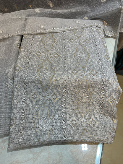 Unstitched Zari Masuri Cotton Net 3-Piece Festive Wear