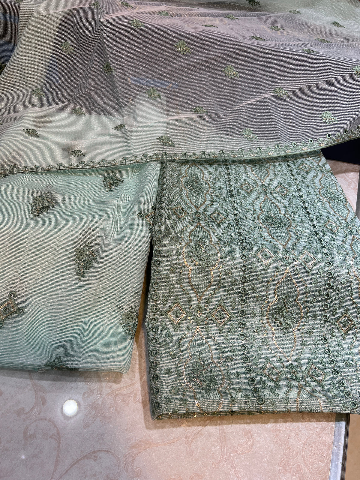 Elegant 3PC Zari Masuri Cotton Net Set with Silk Trouser