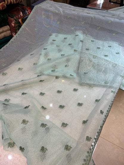 Elegant 3PC Zari Masuri Cotton Net Set with Silk Trouser
