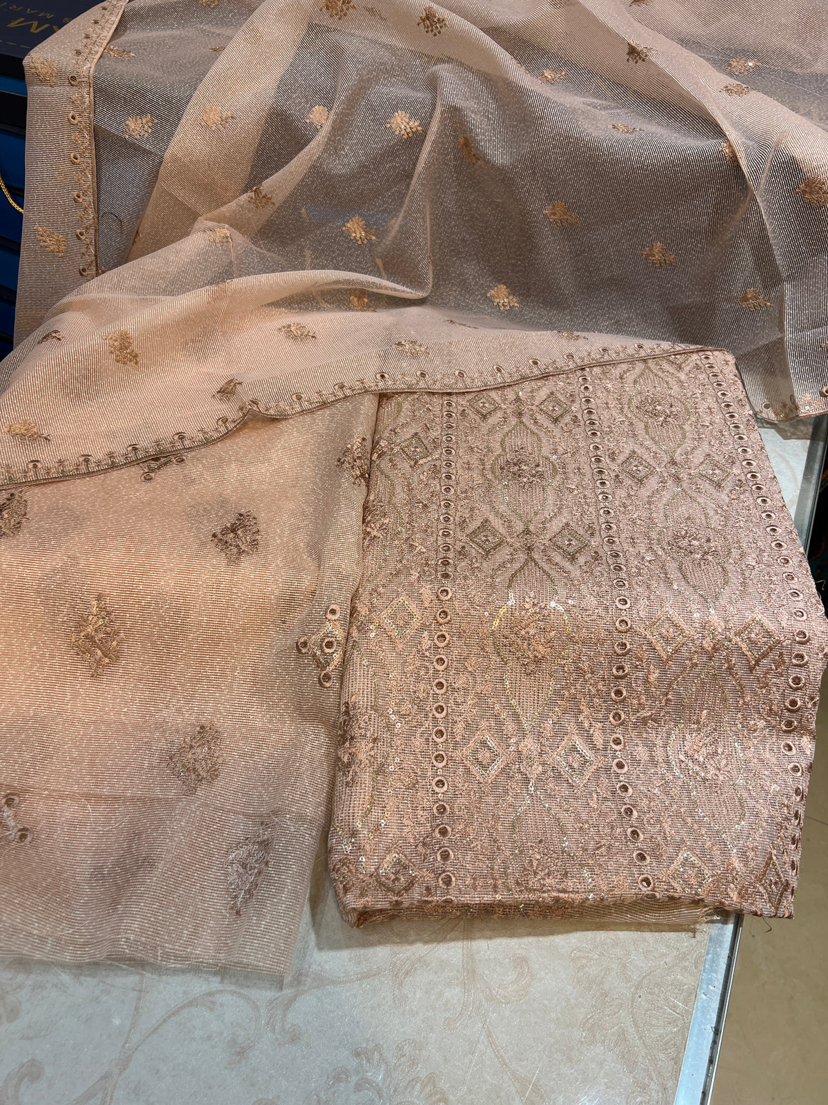 Classic Zari Masuri Cotton Net Unstitched Suit | 3-Piece