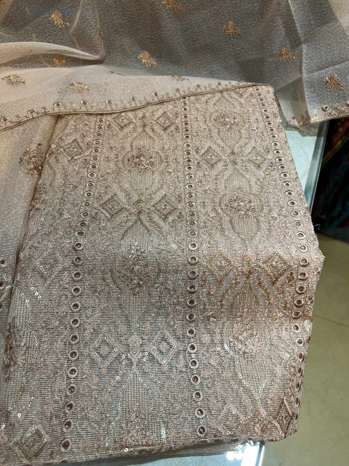 Classic Zari Masuri Cotton Net Unstitched Suit | 3-Piece