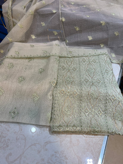 Unstitched 3-Piece Zari Masuri Cotton Net with Plain Silk Trouser