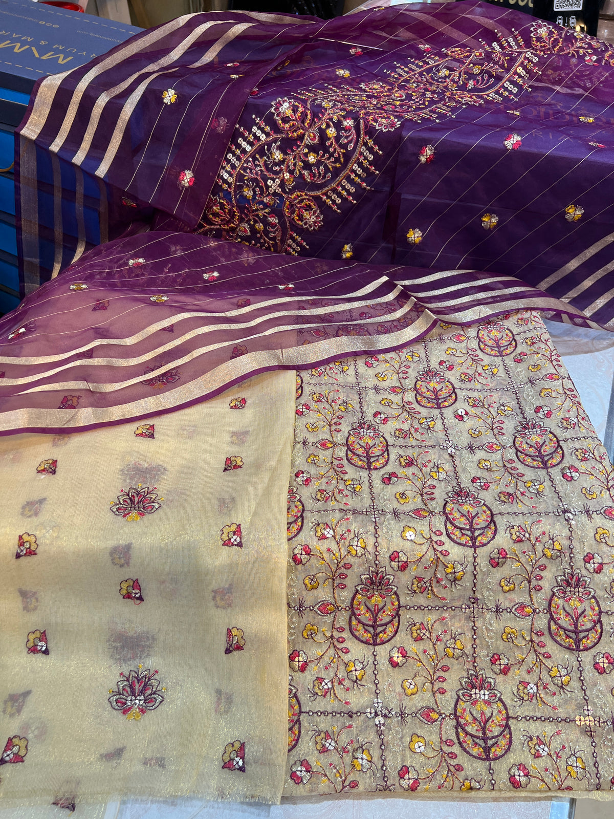 Exquisite Unstitched Zari Masuri Cotton Net Shirt, Back & Dupatta Set