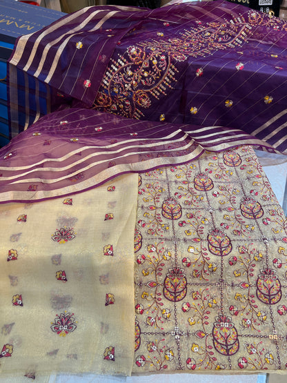 Exquisite Unstitched Zari Masuri Cotton Net Shirt, Back & Dupatta Set
