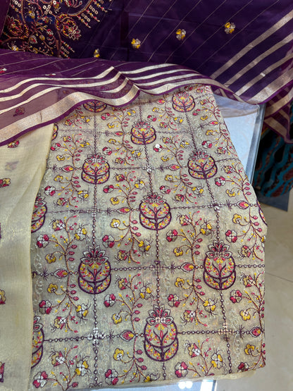 Exquisite Unstitched Zari Masuri Cotton Net Shirt, Back & Dupatta Set