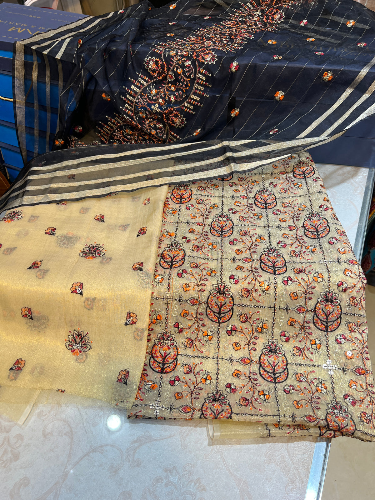 Premium 3 Piece Unstitched Zari Masuri Cotton Net Festive Ensemble
