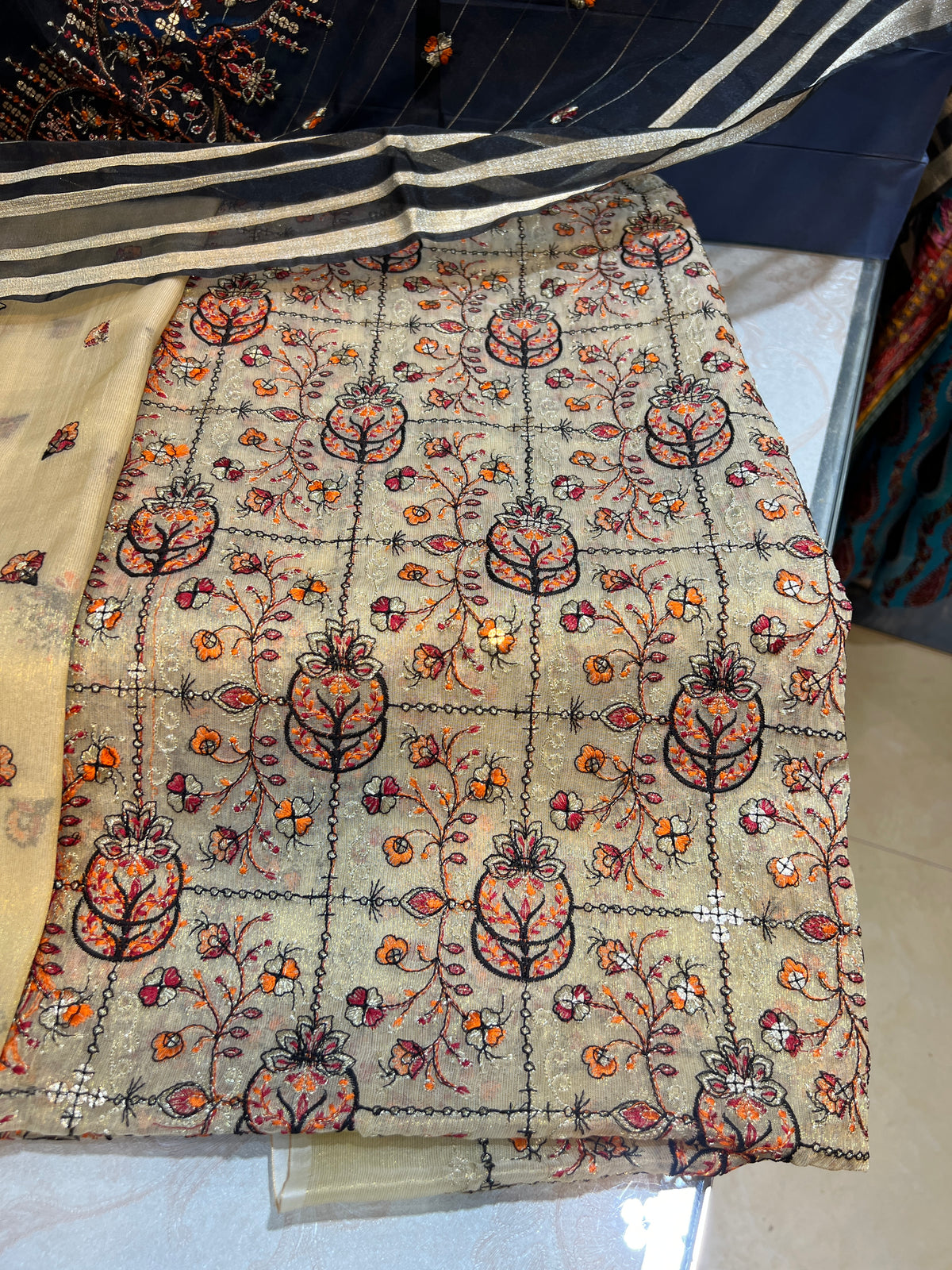 Premium 3 Piece Unstitched Zari Masuri Cotton Net Festive Ensemble