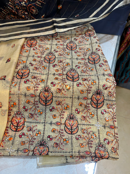 Premium 3 Piece Unstitched Zari Masuri Cotton Net Festive Ensemble