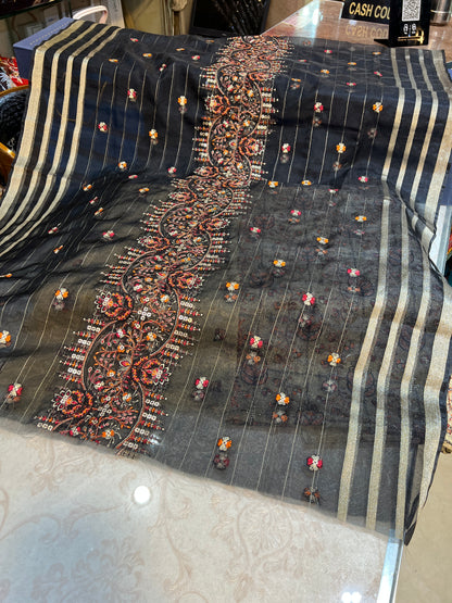 Premium 3 Piece Unstitched Zari Masuri Cotton Net Festive Ensemble