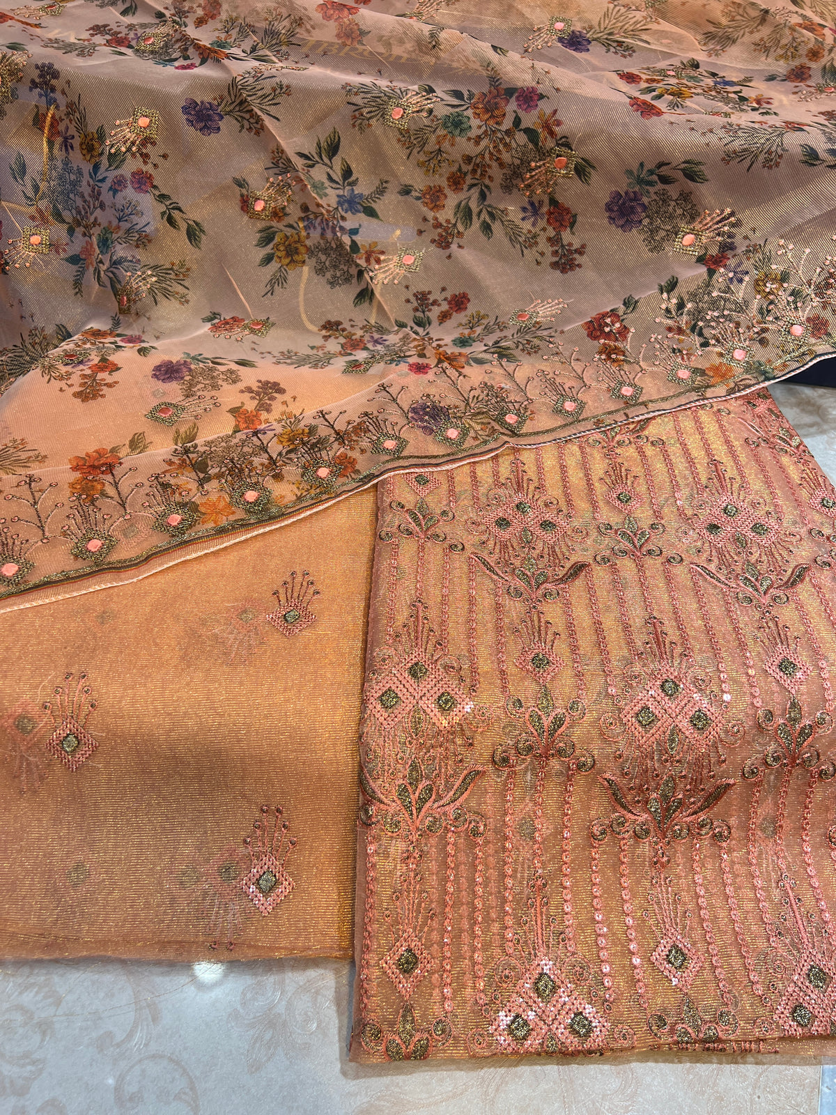 Traditional Unstitched Zari Masuri Cotton Net Suit – Maroon/Gold Accents