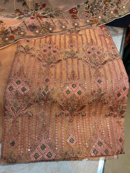 Traditional Unstitched Zari Masuri Cotton Net Suit – Maroon/Gold Accents