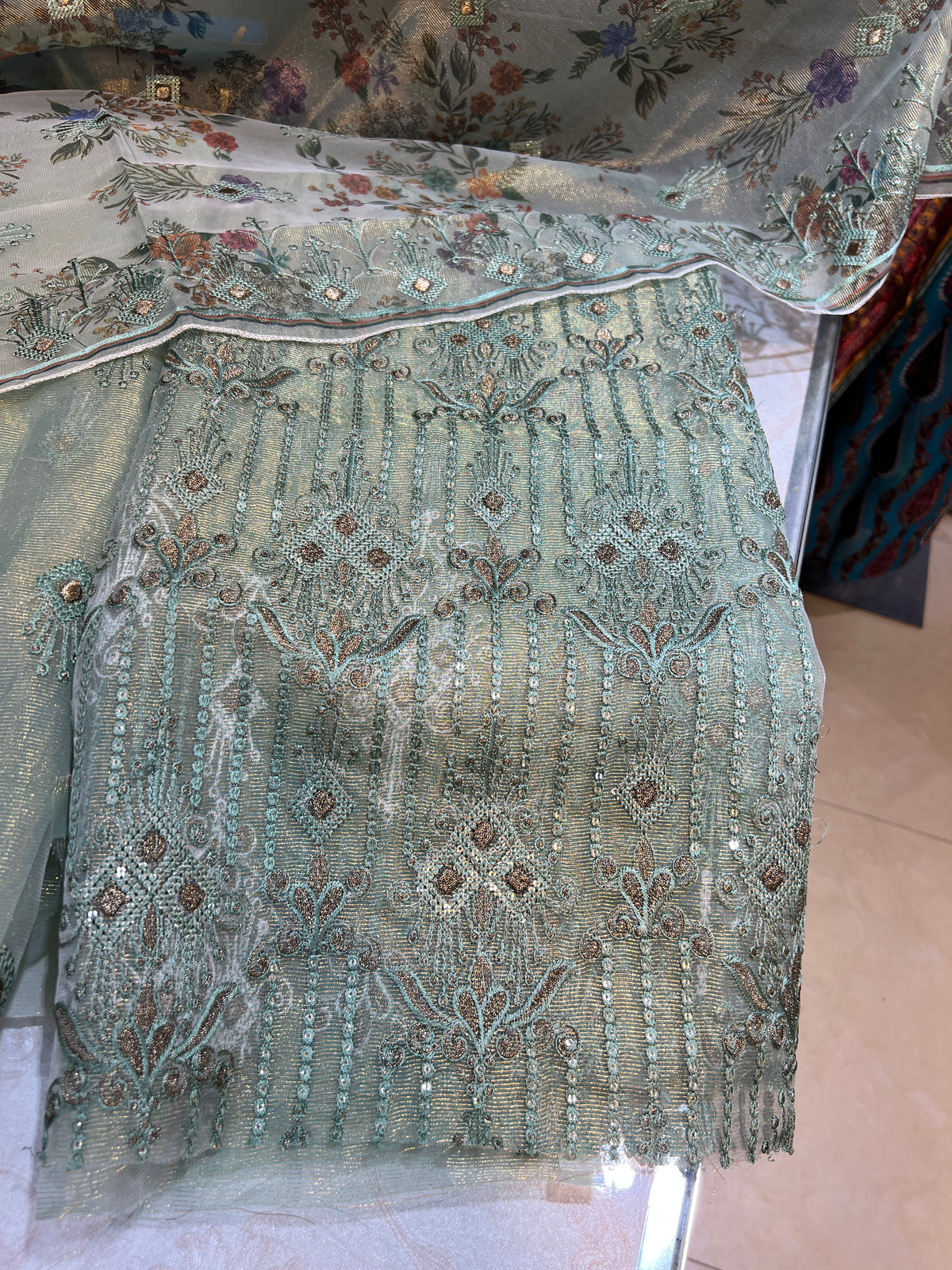 Designer 3 Piece Unstitched Zari Masuri Cotton Net Dress for Women