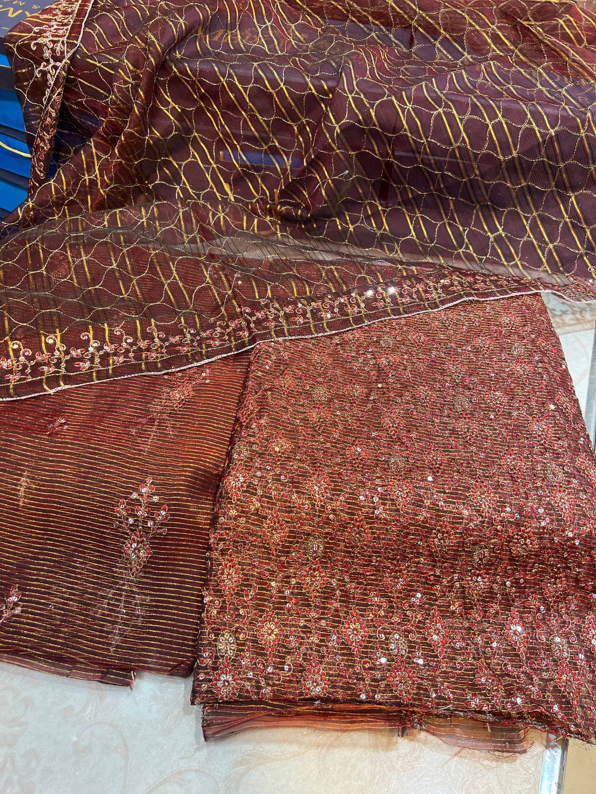 Embroidered Zari Masuri Cotton Net Unstitched Suit with Silk Trouser