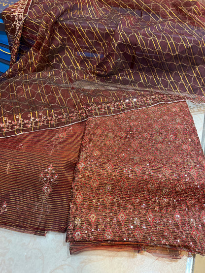 Embroidered Zari Masuri Cotton Net Unstitched Suit with Silk Trouser