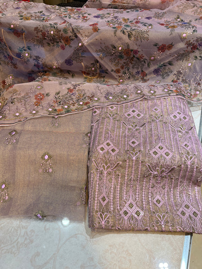Luxury Unstitched Zari Masuri Cotton Net Outfit – 3 Piece Festive Wear