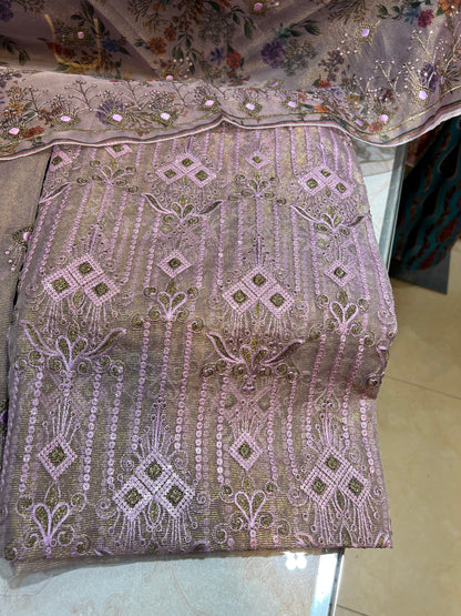 Luxury Unstitched Zari Masuri Cotton Net Outfit – 3 Piece Festive Wear