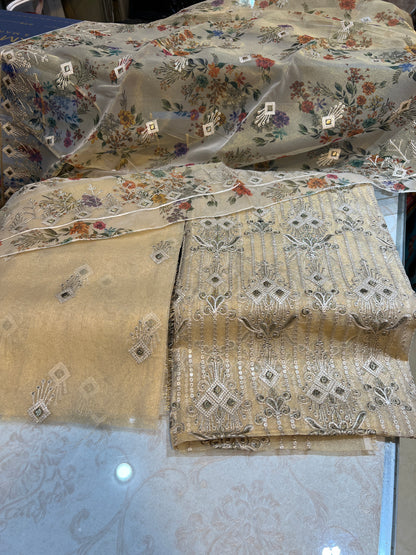 3 Piece Unstitched Zari Masuri Cotton Net Suit with Plain Silk Trouser