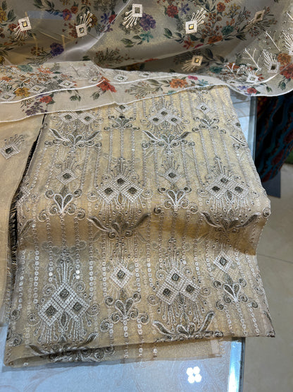 3 Piece Unstitched Zari Masuri Cotton Net Suit with Plain Silk Trouser
