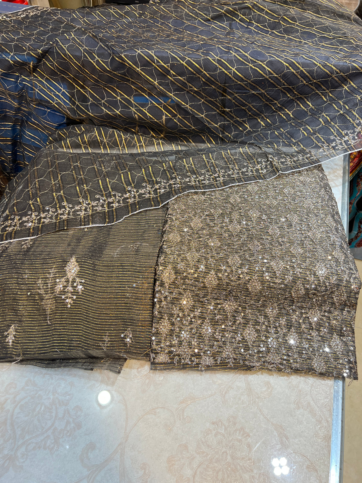 Festive 3Pc Unstitched Zari Measuri Net Outfit with Silk Bottoms
