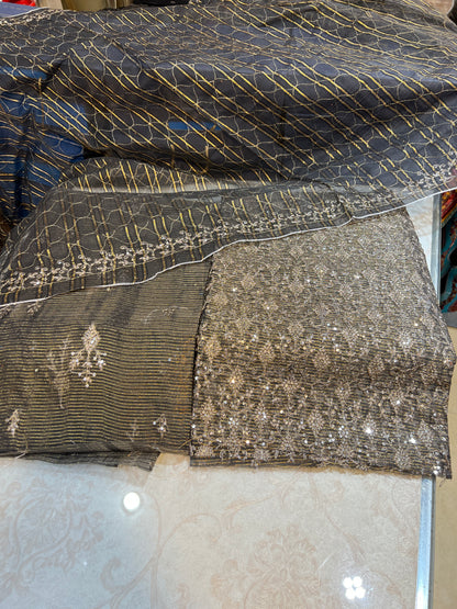 Festive 3Pc Unstitched Zari Measuri Net Outfit with Silk Bottoms